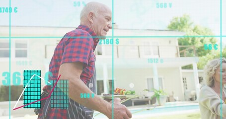 Walking man in red plaid shirt and striped-apron carrying tray of skewers poolside, teal overlay
