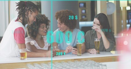 Laughing 4 friends in casual clothes chatting and reacting at bar, holding beer glass, mug, phone