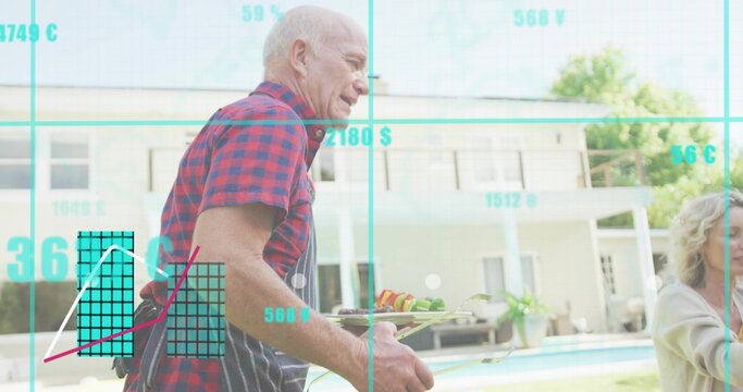 Walking man in red plaid shirt and striped-apron carrying tray of skewers poolside, teal overlay - Powered by Adobe