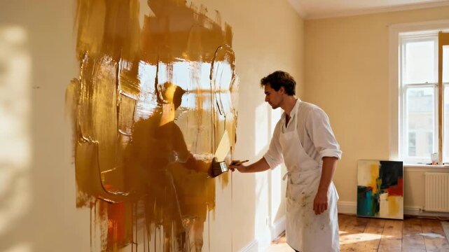 Medium shot showing a professional artist using glossy paint on interior walls capturing the reflective surface that enhances light and adds vibrancy to the room