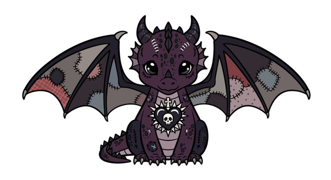 Adorable goth dragon with stitched wings and a skull heart pendant illustration