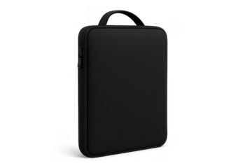 Black laptop sleeve with a handle and zipper providing protection, portability for electronics. Isolated on a transparent background