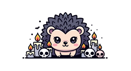 Adorable Halloween Hedgehog with Candles and Skulls Cartoon Illustration for Spooky Season