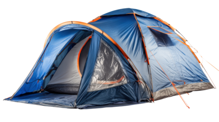 Blue and orange camping tent standing, providing shelter for outdoor summer vacations, travel, and nature trips