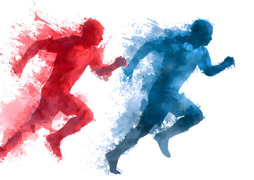 set of watercolor design of a red and blue soccer player. man isolated on white background. Fit jumping man in action, jump, movement at game. Generative ai