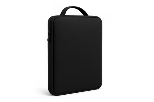 Black laptop sleeve with a handle and zipper providing protection, portability for electronics. Isolated on a transparent background - Powered by Adobe