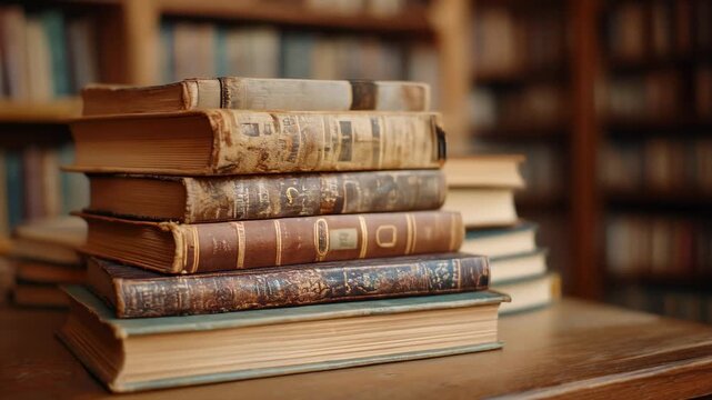Vintage stacked books on a wooden table in a cozy library setting