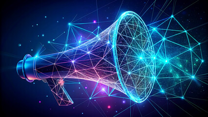 Digital megaphone with glowing network connections a futuristic illustration for announcements and marketing isolated on a dark blue background