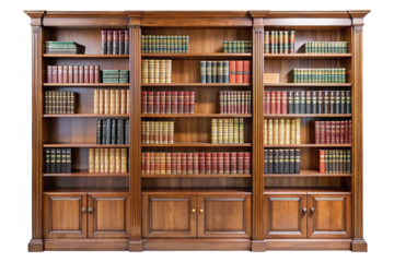 Antique wooden bookshelf filled with a diverse collection of leather bound books isolated on transparent background