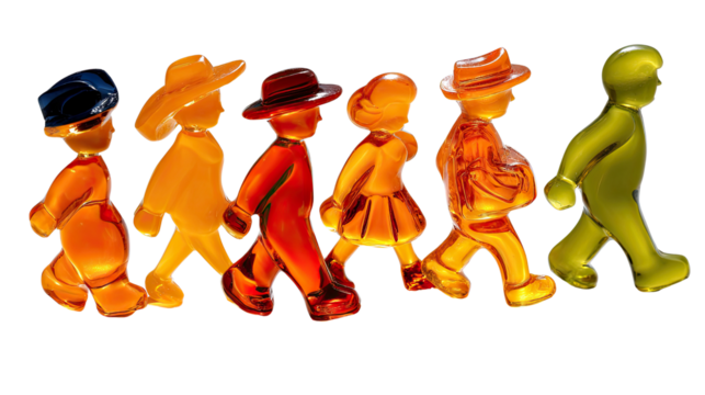 Color Palette People:A collection of vibrant figures with hat in array of captivating colors, marching in a row. Displaying individuality in harmonious unison. 