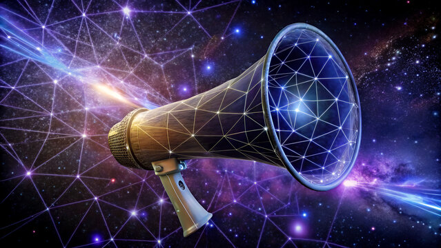 Megaphone with digital network overlay communication and technology concept futuristic announcement and marketing illustration