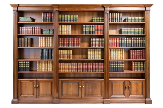 Antique wooden bookshelf filled with a diverse collection of leather bound books isolated on transparent background