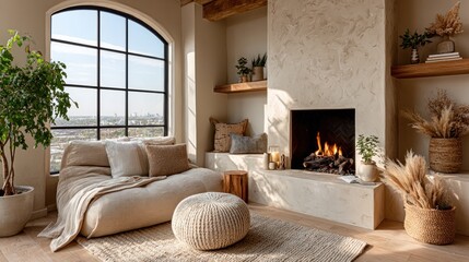 Cozy living room interior with a fireplace, sofa, and natural light creating a warm ambiance