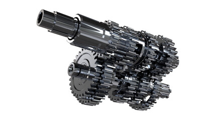 Compact assembly of interlocking dark gears in multi-stage configuration. Dense mechanical layout emphasizes torque modulation, transmission logic, and industrial engineering precision.