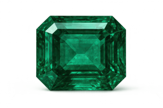 Emerald cut deep green gemstone isolated on transparent background.