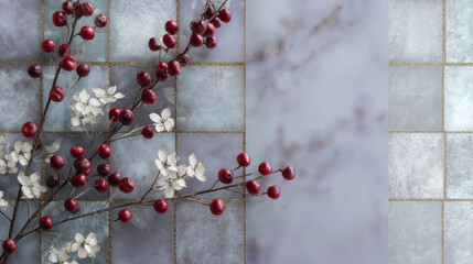 Frosted panes with holly and berries — refined, holiday architectural interior design Christmas traditional winter background for luxe stationery and packaging. with copy space