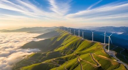 Wind turbines on green mountain ridge roads above morning clouds for renewable energy