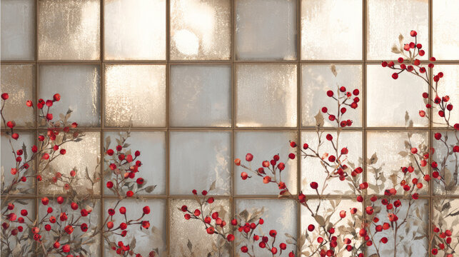 Frosted panes with holly and berries — refined, holiday architectural interior design Christmas traditional winter background for luxe stationery and packaging. with copy space