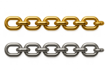 Shiny gold and silver metallic chains, isolated on transparent background, strong links.
