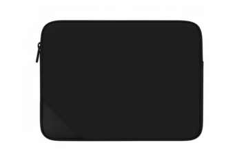 Black laptop sleeve protecting a portable computer. Zipper detail visible on the side. Technology accessory on transparent background