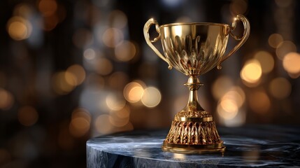 A golden trophy sits majestically on a sleek, marble surface, gleaming against a softly blurred background of warm, inviting lights