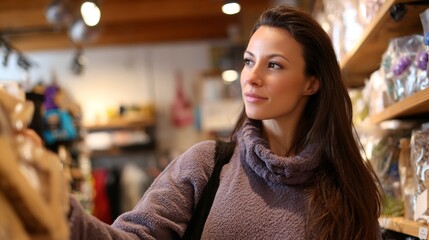 A woman attentively selecting products from a store shelf