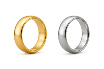 Elegant gold and silver wedding bands with shiny finish on transparent background