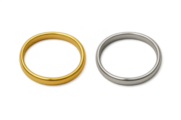 Two elegant gold and silver wedding rings, isolated on transparent background.