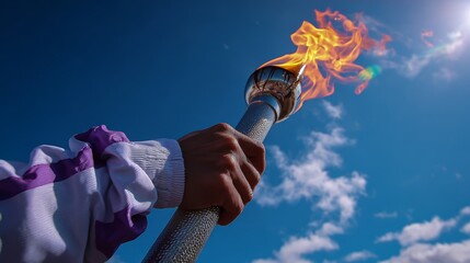 A hand holding a torch with flames against a blue sky