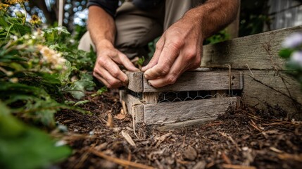 Closeup of hands checking and resetting traps in a suburban backyard illustrating yearly maintenance and ecofriendly rodent prevention tactics.