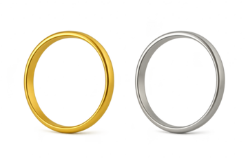 Beautiful gold and silver wedding bands, isolated on transparent background.