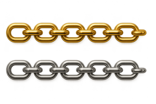 Shiny gold and silver metallic chains, isolated on transparent background, strong links.
