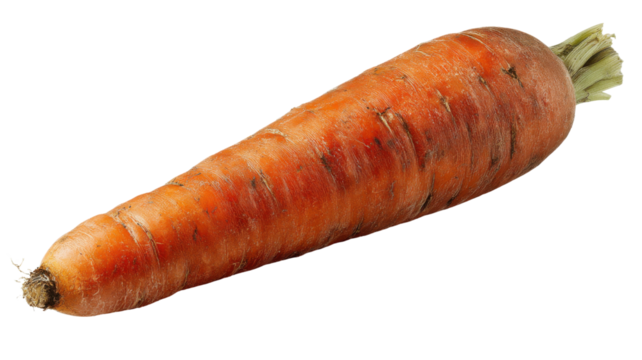 Raw orange carrot, a fresh healthy root vegetable, ready for cooking or eating, clean cut-out on transparent background