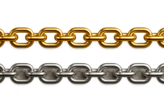 Gold and silver chains isolated on transparent background, showing strength and connection