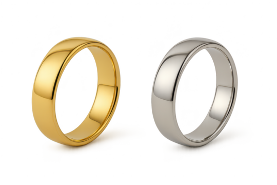 Elegant gold and silver wedding rings isolated on transparent background, jewelry