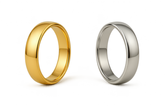 Two shiny gold and silver wedding rings isolated on transparent background