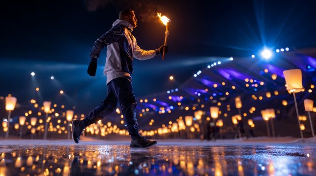 A person running and carrying a flaming torch in a stadium at night. The person is illuminated by the torch's light. There are many lanterns in the background