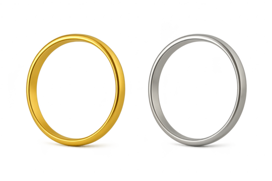 Beautiful gold and silver wedding bands, isolated on transparent background.