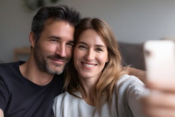 Smiling couple taking a selfie with a smartphone in a bright indoor setting