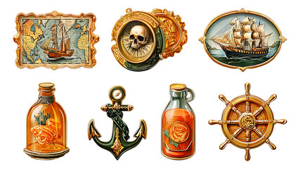 Vintage Pirate Treasure Icons on Isolated Transparent Background for Adventure Themes
