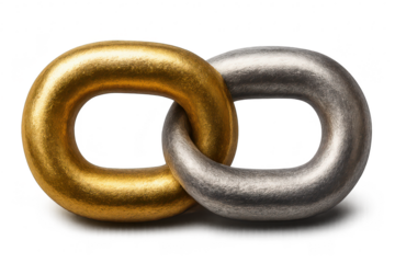 Gold and silver interlocked metallic chain links isolated on transparent background