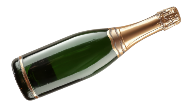 Full green champagne bottle lying on transparent background, celebrating new year's eve, party, luxury event