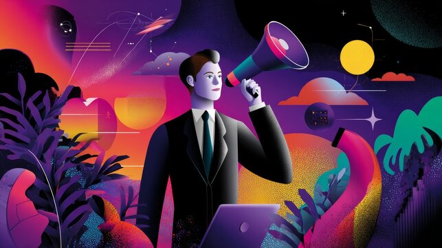 Man holding a megaphone, announcing information in a cosmic setting. He's dressed in a suit and tie, conveying a message to an audience