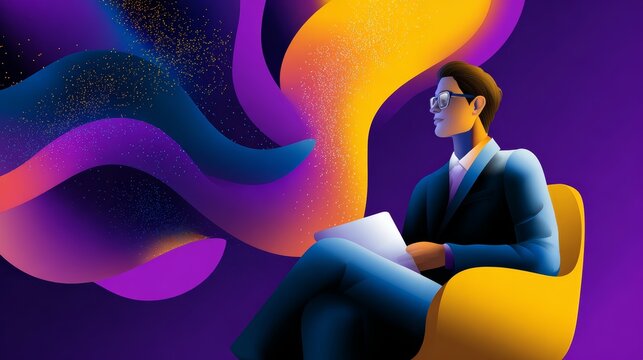 A thoughtful person contemplating ideas while sitting in a chair surrounded by colorful thought bubbles. The scene depicts a concept of thinking, creativity and innovation