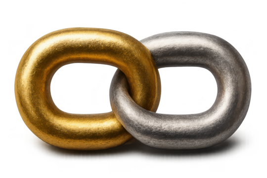 Gold and silver interlocked metallic chain links isolated on transparent background