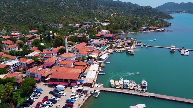 Aerial view of Simena Kalekoy coastal village and turquoise bay