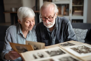 Elderly couple looking through their old photo albums together at home