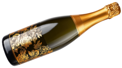 Sparkling wine bottle with dark label and golden floral design, celebrating luxury, festivity, and special occasions on transparent background