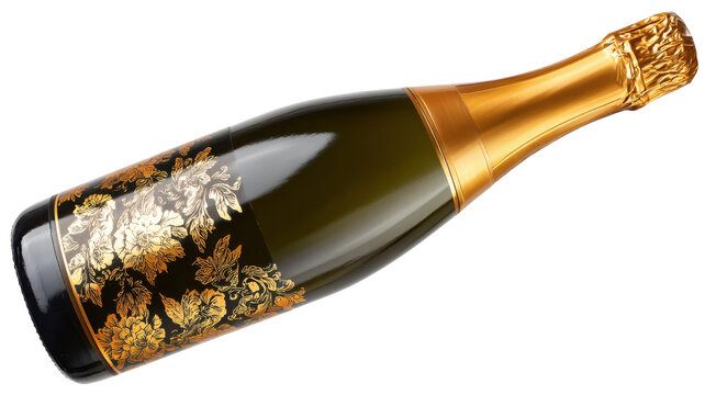 Sparkling wine bottle with dark label and golden floral design, celebrating luxury, festivity, and special occasions on transparent background