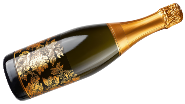 Sparkling wine bottle with dark label and golden floral design, celebrating luxury, festivity, and special occasions on transparent background